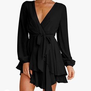 Women's Dress Deep V-Neck Long Sleeve Waist Tie Ruffle Mini Swing Skater Dresses